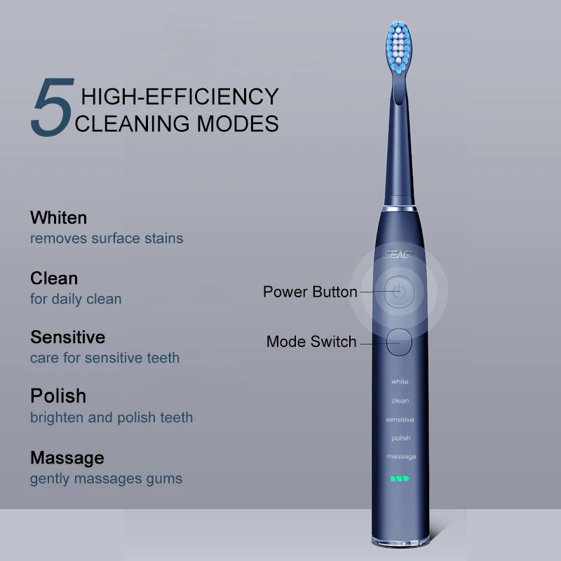 Seago Electric Sonic Toothbrush USB Rechargeable Adult 360 Days Long Battery Life with 4 Replacement Heads - BESTGADZET