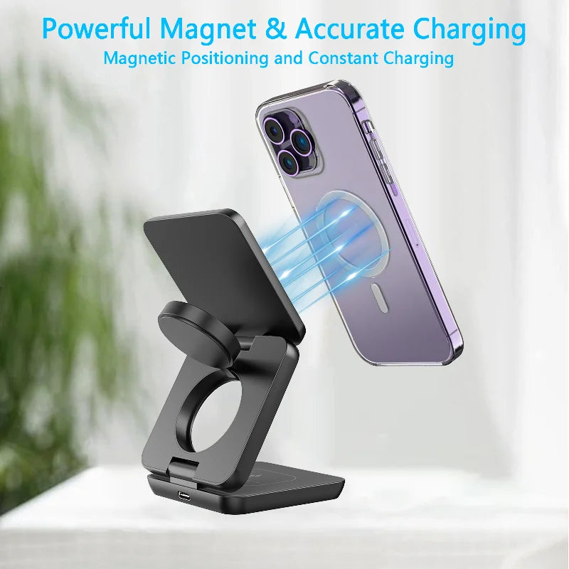 3 in 1 Magnetic Fast Wireless Charger Stand  for iPhone 15 14 13 12 Apple Watch 8 7 6 Airpods - BESTGADZET