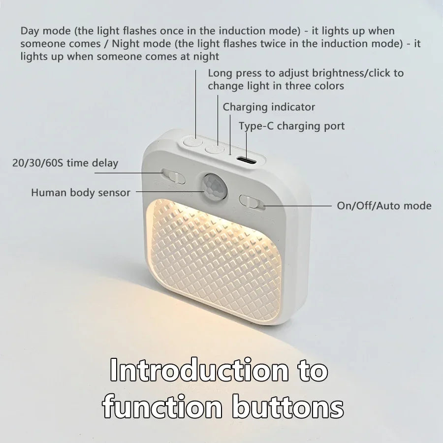 Rechardeable LED Night Light with Motion Sensor Human Induction Square Lamp 3 Colors - BESTGADZET