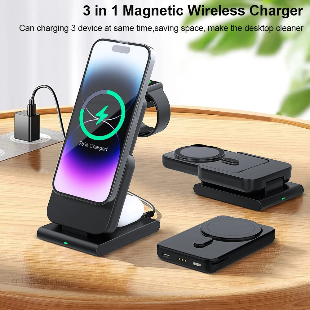 3 in 1 Magnetic Power Bank 5000mAh for iPhone 12-15 Pro & Apple Watch