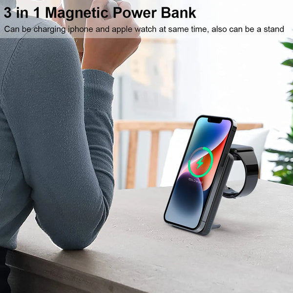 3 in 1 Magnetic Power Bank 5000mAh for iPhone 12-15 Pro & Apple Watch