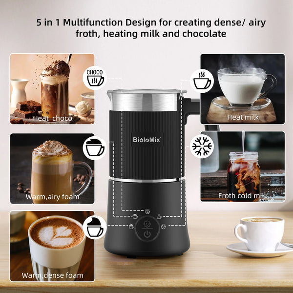 BioloMix Detachable Milk Frother and Steamer, 5-in-1 Automatic Hot/Cold Foam and Hot Chocolate Maker