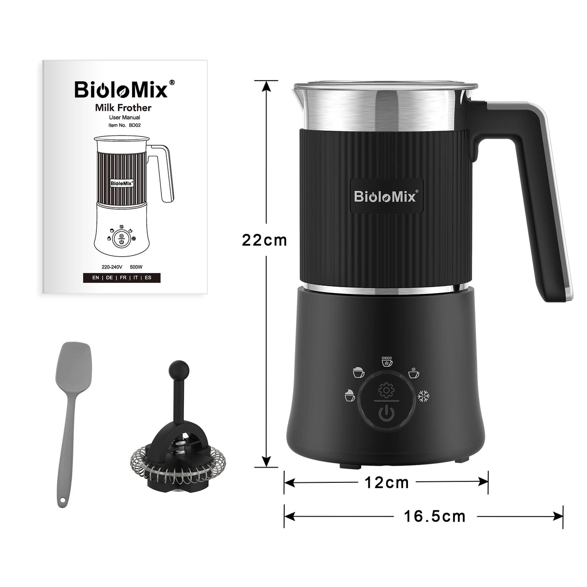 BioloMix Detachable Milk Frother and Steamer, 5-in-1 Automatic Hot/Cold Foam and Hot Chocolate Maker